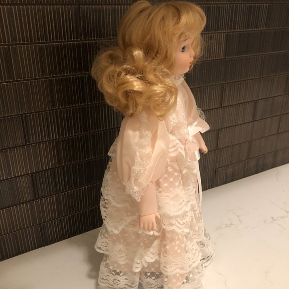 Blonde Hair/Blue Eyed Porcelain Doll in Pink Satin and Lace Dress - Picture 6 of 9